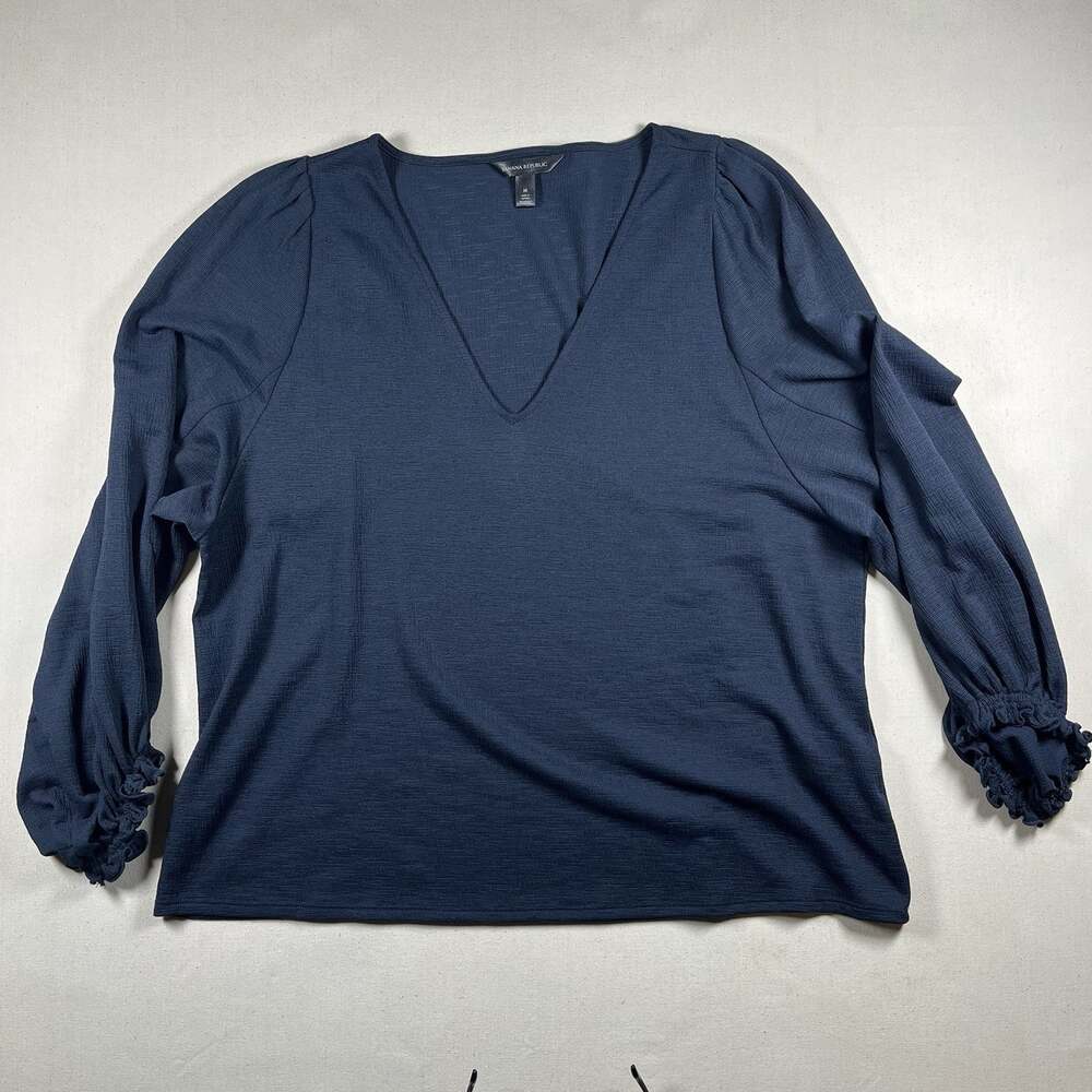 Banana Republic Womens M Blue V Neck Puff Sleeve Smocked Cuff Blouse